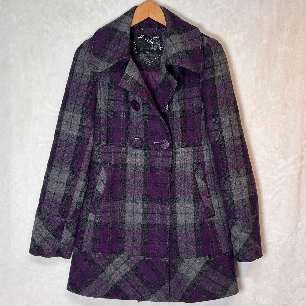 GUESS Purple Plaid Wool Blend Coat Dark Academia Y2K Peacoat Whimsigoth Jacket S